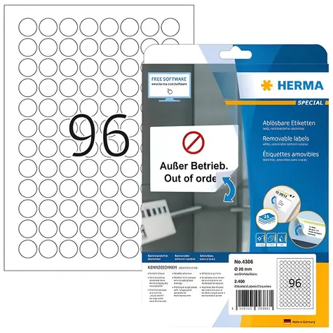 HERMA Etikety kulaté bílé 20 mm / Etikety / papír, snímatelné / 25 listů / 2400 ks