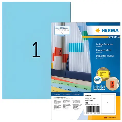 Herma Etikety A4 modrá / Etikety / 210x297 mm / papír matný / 100 ks