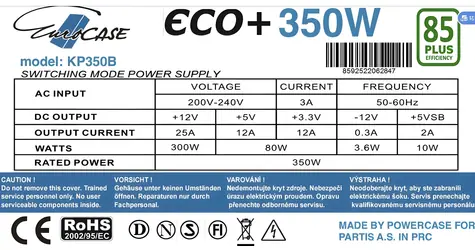 Eurocase Eco+ 350W / Zdroj / 85+ / ATX 20/24pin / 4x SATA / 120mm ventilátor