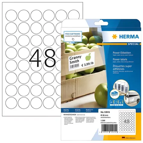 Herma Etikety kulaté bílé 30 mm / Etikety / Papír / extra silné lepení / 1200 ks / A4