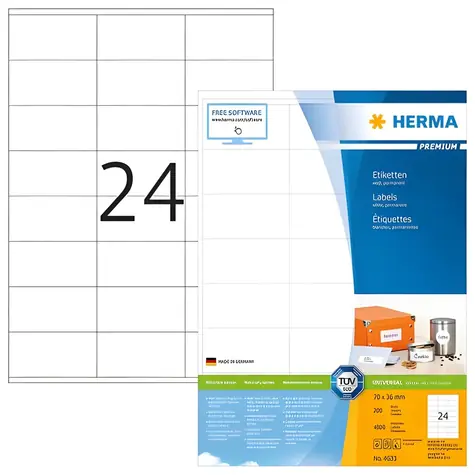 Herma Etikety Premium A4 bílá 70x36 mm / Etikety / papír / 4800 ks / 200 listů