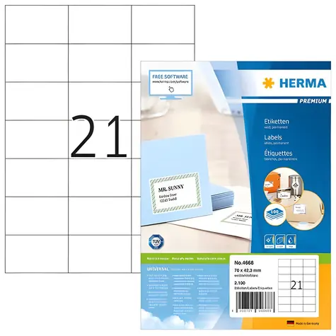 Herma Etikety Premium A4 bílá / Etikety / papír / 70x42,3 mm / 2100 ks
