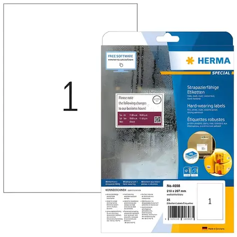 Herma etikety A4 210x297 mm bílá / Fólie / voděodolné / laser / 25 ks