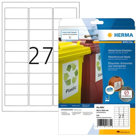 HERMA Inkjet etikety A4 bílá / Etiketa / voděodolné / matné / 63,5x29,6 mm / 270 ks