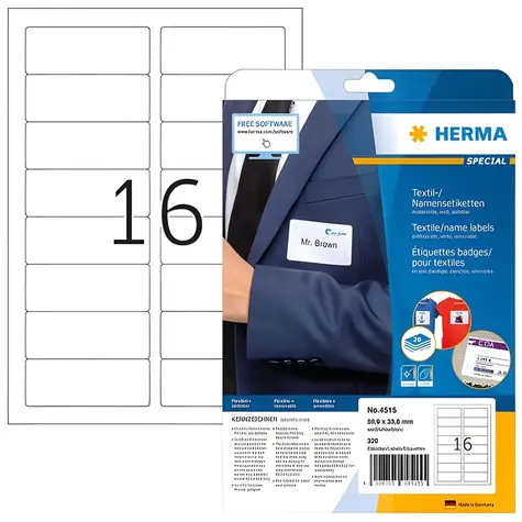 HERMA Textilní jmenovky bílé 88,9x33,8 mm / Etikety / Textil / 320 ks / A4