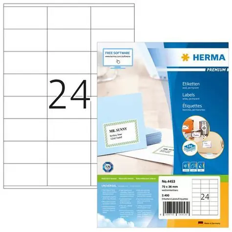 Herma Etikety Premium A4 70x36 mm / Etikety / papír matný / bílá / 2400 ks