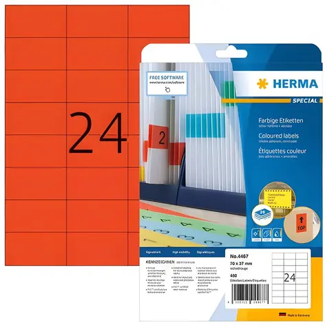 Herma Etikety A4 červená 70x37 mm / Etikety / papír matný / snímatelné / 480 ks