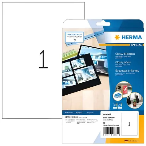 HERMA etikety A4 210x297 mm bílé / Etikety / Lesklý papír / Laser / 25 listů