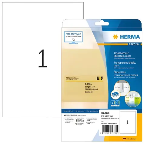 Herma etikety transparentní matné A4 210x297 mm / Etikety / fólie / laser / 25 ks