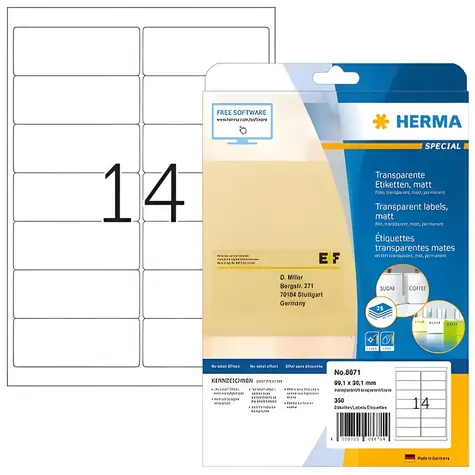 Herma etikety A4 transparentní / matná fólie / 63,5x38,1 mm / laser / voděodolné / 525 ks