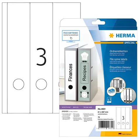 Herma Etikety na hřbety pořadačů bílá / Etikety / Inkjet / 61x297 mm / 75 ks