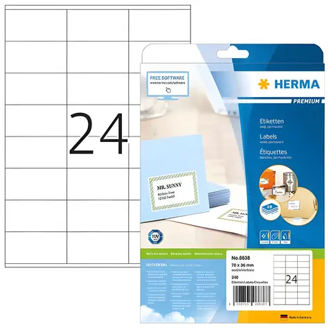 HERMA Premium etikety A4 bílé 70x36 mm / Etikety / papír / permanentní lepení / 240 ks