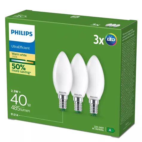 Philips Ultra Efficient LED žárovka E14 / LED žárovka / B35 / 2,1W = 40W / 2700K teplá bílá / 3 ks