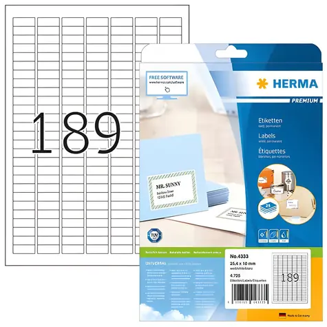 HERMA Etikety Premium A4 bílé 25,4x10 mm / Papír / Laser/Inkjet / 4725 ks