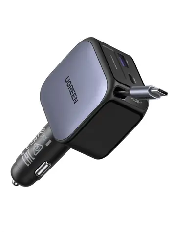 UGREEN rychlonabíječka do auta se zatahovacím kabelem stříbrná / Nabíječka do auta / 145 W / GaN / 2x USB-C / USB-A