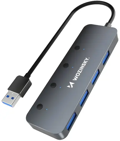 Wozinsky USB hub šedá / USB rozbočovač / 4x USB-A / Vypínače / Hliníkové pouzdro