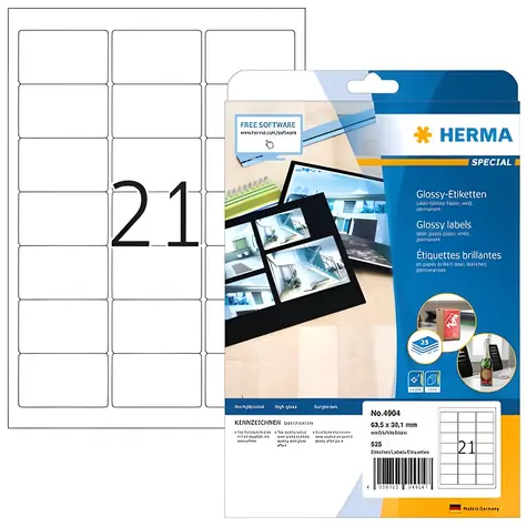 Herma etikety 63,5x38,1 mm bílá lesklý papír / Etikety / A4 / laser / permanentní / 525 ks
