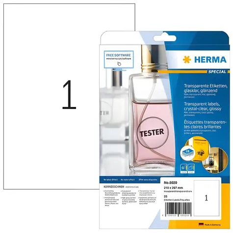 Herma etikety A4 transparentní / lesklá fólie / laser / voděodolné / 25 ks