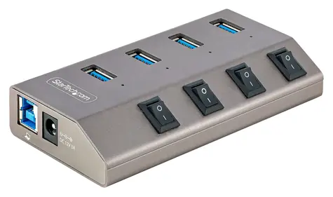 StarTech USB Hub 4 porty šedá / USB rozbočovač / 4x USB-A / jednotlivé vypínače portů / napájecí adaptér