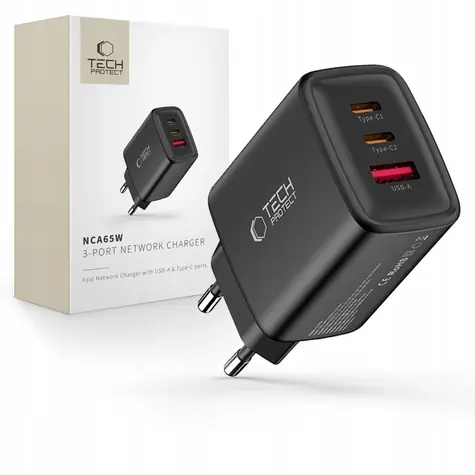 Tech-Protect NCA65W-GAN černá / Nabíječka / GaN / 65W / 2x USB-C / 1x USB-A