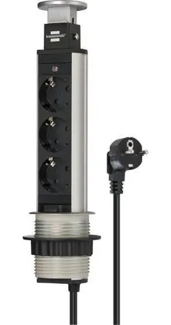 Brennenstuhl Tower Power stříbrno-černá / Stolní zásuvkový blok / 3 zásuvky / 2 m / hliník / 16 A