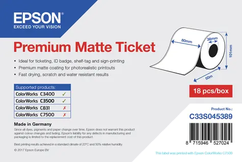 Epson Premium Matte Ticket 80 mm x 50 m / Role do tiskárny / Matný papír / 1 ks