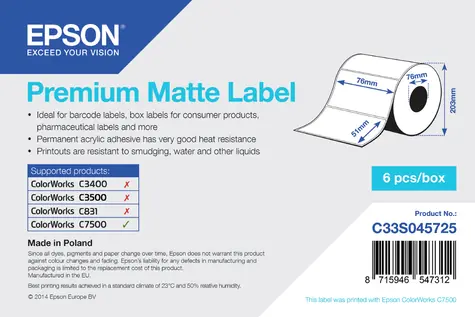 EPSON Premium Matte Label 76x51 mm / Etikety / Die-cut role / 2310 ks / voděodolné