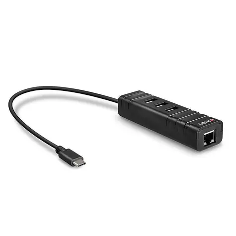 Lindy USB-C hub s Gigabit LAN černá / USB hub / USB 3.2 Gen 1 / 3x USB-A / RJ45