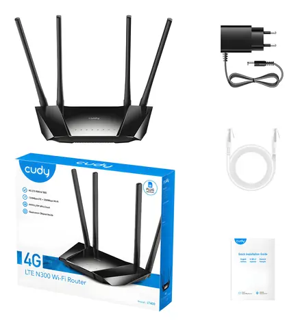 Cudy LT400 černá / Router / 4G LTE Cat4 / 1x WAN + 3x LAN RJ45 / 2,4 GHz 300 Mbit/s