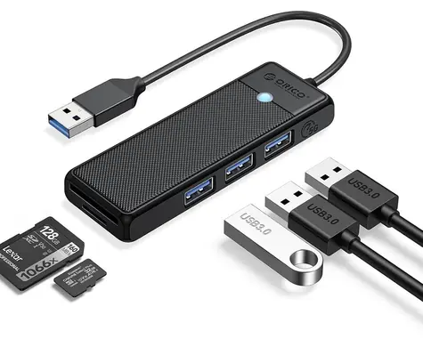 Orico PAPW3AT-U3 černá / USB hub / 3x USB-A 3.0 / čtečka microSD/SD karet / kabel 1 m