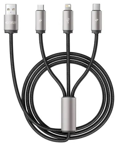 Tech-Protect UltraBoost 3in1 šedá / Nabíjecí kabel / USB-A / Micro-USB / Lightning / USB-C / 1 m / 3,5 A