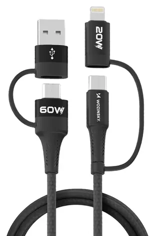 Wozinsky WNBAA černá / Nabíjecí a datový kabel 4v1 / 2x USB-C / USB-A / Lightning / 60W / 1 m