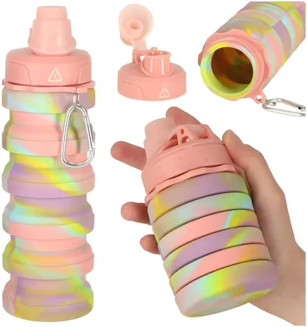 KIK Skládací láhev na vodu Růžová / Láhev na pití / 500 ml / silikon
