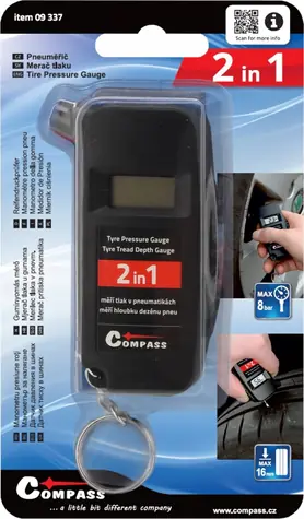 Compass Pneuměřič DIGITAL 2in1 / Pneuměřič / tlak 0-8 bar / hloubka dezénu 0-16 mm / baterie CR2032