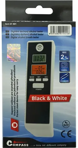 Compass Alkohol tester BLACK/WHITE / Digitální tester alkoholu / LCD displej / 0-1,9‰