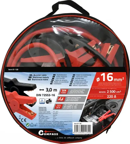 Compass Startovací kabely 16 mm2 / Startovací kabely / délka 3 m / DIN 72553-16 / 12-24 V