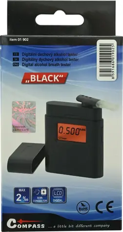 Compass Alkohol tester černá / Digitální tester / dechová zkouška / rozsah 0-1,9 ‰ / 5x náustek