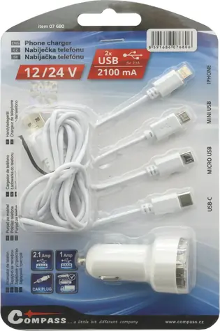 Compass Autonabíječka USB 12/24V 2,1A / Autonabíječka / iPhone, Mini USB, Micro USB, USB-C