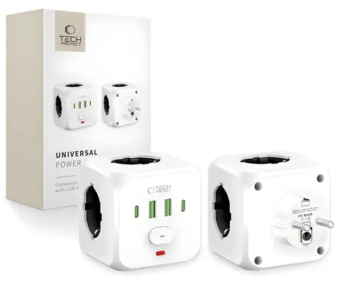 Tech-Protect PCL3x4 bílá / Zásuvkový blok / 3x Schuko / 2x USB-A / 2x USB-C