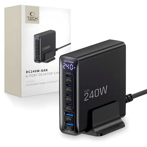 Tech-Protect DC240W-GaN černá / Nabíjecí stanice / GaN / 6 portů / 4x USB-C / 2x USB-A / 240W / QC 3.0