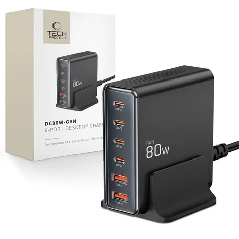 Tech-Protect DC80W-GAN černá / Nabíjecí stanice / GaN / 6 portů / PD 80W / QC 3.0
