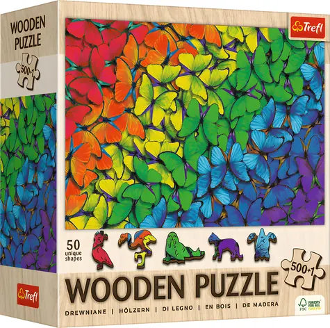 TREFL Dřevěné puzzle Duhoví motýli / 501 dílků / 37,5 x 25,4 cm
