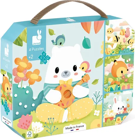 JANOD Puzzle v kufříku Zvířátka 4v1 / (6 & 9 & 12 & 16 dílků) / 20 x 20 cm