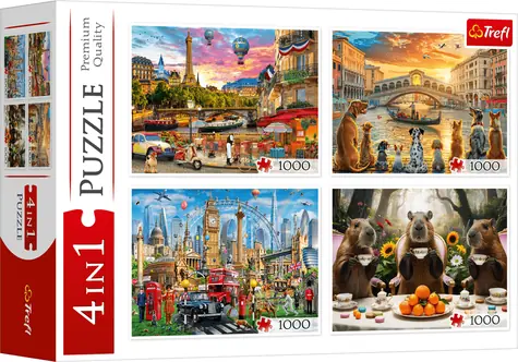 TREFL Puzzle Malovaná města a Kapybary / 4x1000 dílků / 68,3 x 48 cm