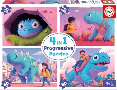 EDUCA Puzzle Přátelští dinosauři 4v1 / 20 & 40 & 60 & 80 dílků / od 4 let
