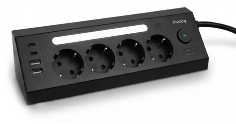 Huslog nabíjecí stanice 15W černá / 4x zásuvka / 2x USB-C / 2x USB-A / LED lampička