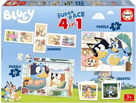 EDUCA Soubor her Bluey 4v1 / Puzzle 25 a 50 dílků, domino, pexeso / 33x24 cm