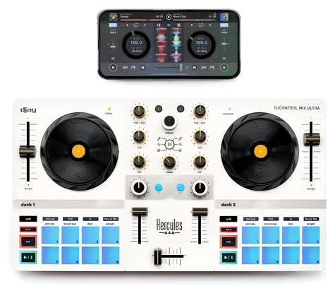 Hercules DJControl Mix Ultra bílá / Mixážní pult / Bluetooth Low Energy / baterie 10 h / 8 padů / 3pásmový EQ