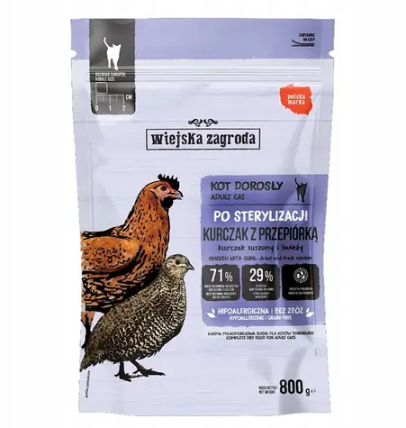 Wiejska Zagroda Sterilized kuře a křepelka 800 g / Granule pro kastrované kočky / bez obilovin