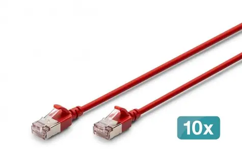 Digitus CAT 6A F/FTP Slim červený / Patch kabel / RJ45 / 0,3 m / 10 Gbit/s / 10 ks